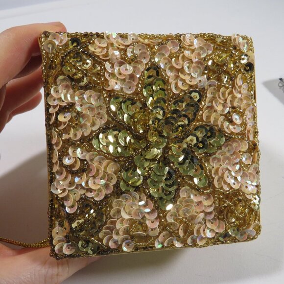 Sequence Satin Covered Box Ornament in Gold and Pinky Peach 90s - Picture 5 of 7